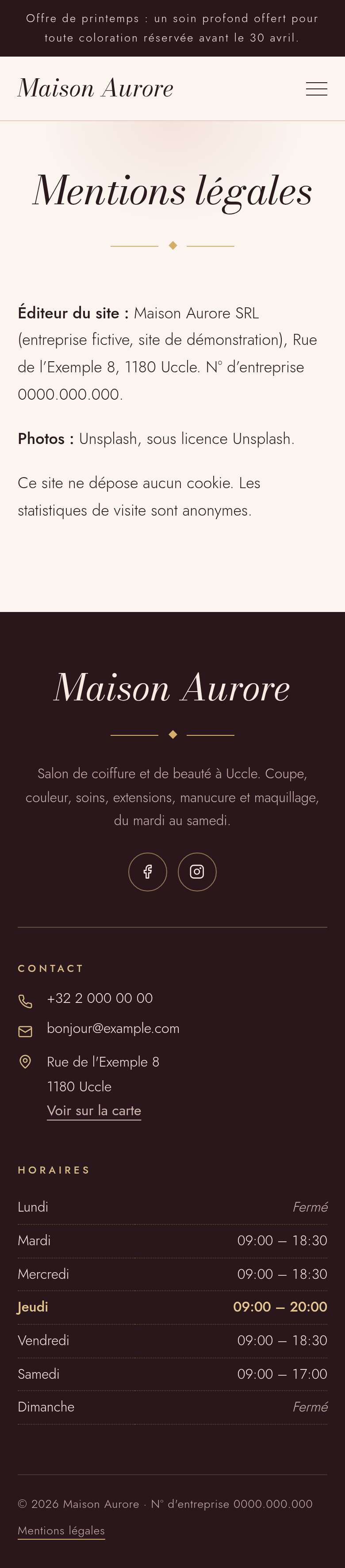 La page « Mentions légales » du modèle Velvet sur un téléphone, partie 1 sur 1