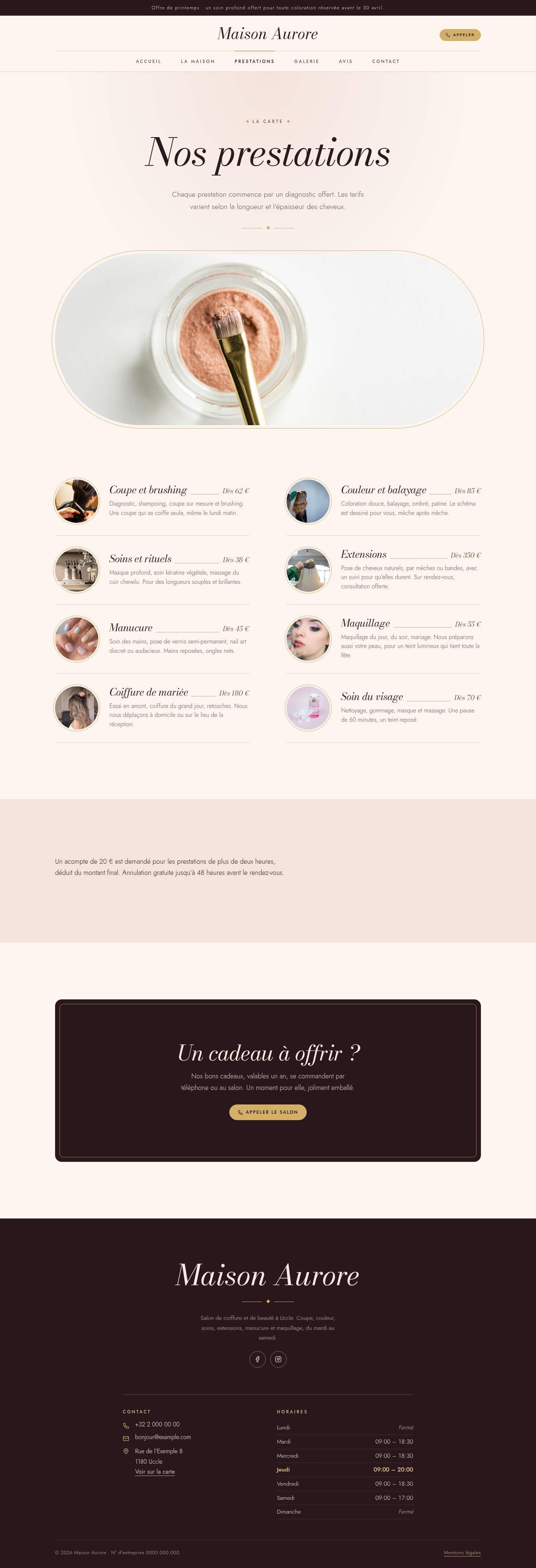 La page « Prestations » du modèle Velvet sur un ordinateur