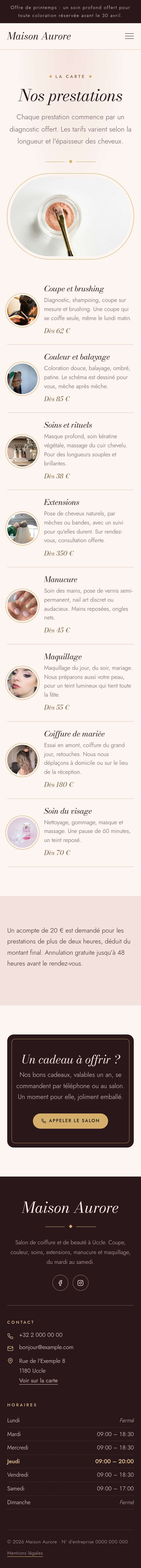 La page « Prestations » du modèle Velvet sur un téléphone, partie 1 sur 2