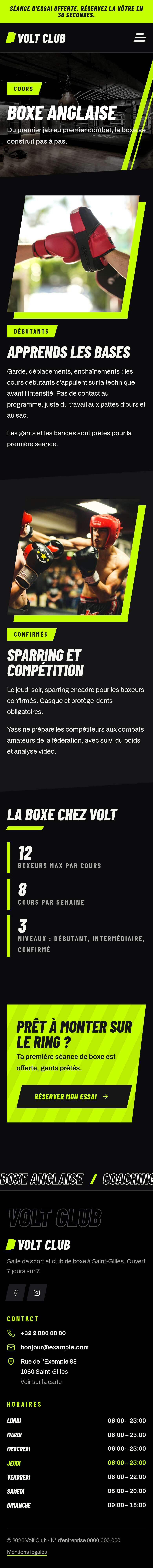La page « Boxe anglaise » du modèle Volt sur un téléphone, partie 1 sur 2