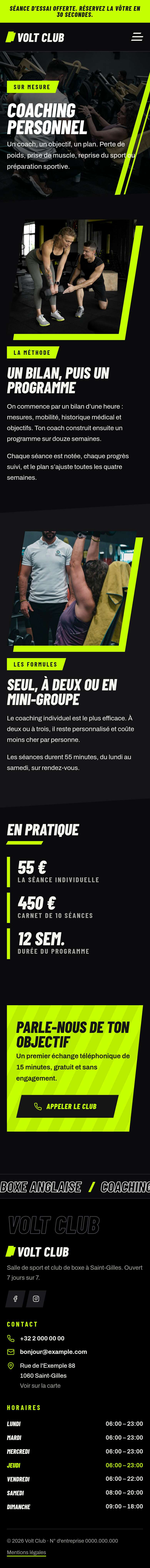 La page « Coaching personnel » du modèle Volt sur un téléphone, partie 1 sur 2