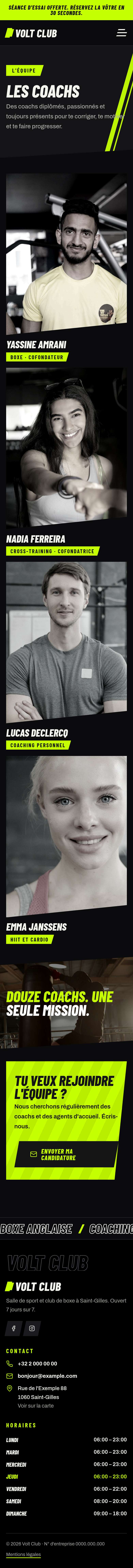 La page « Coachs » du modèle Volt sur un téléphone, partie 1 sur 2
