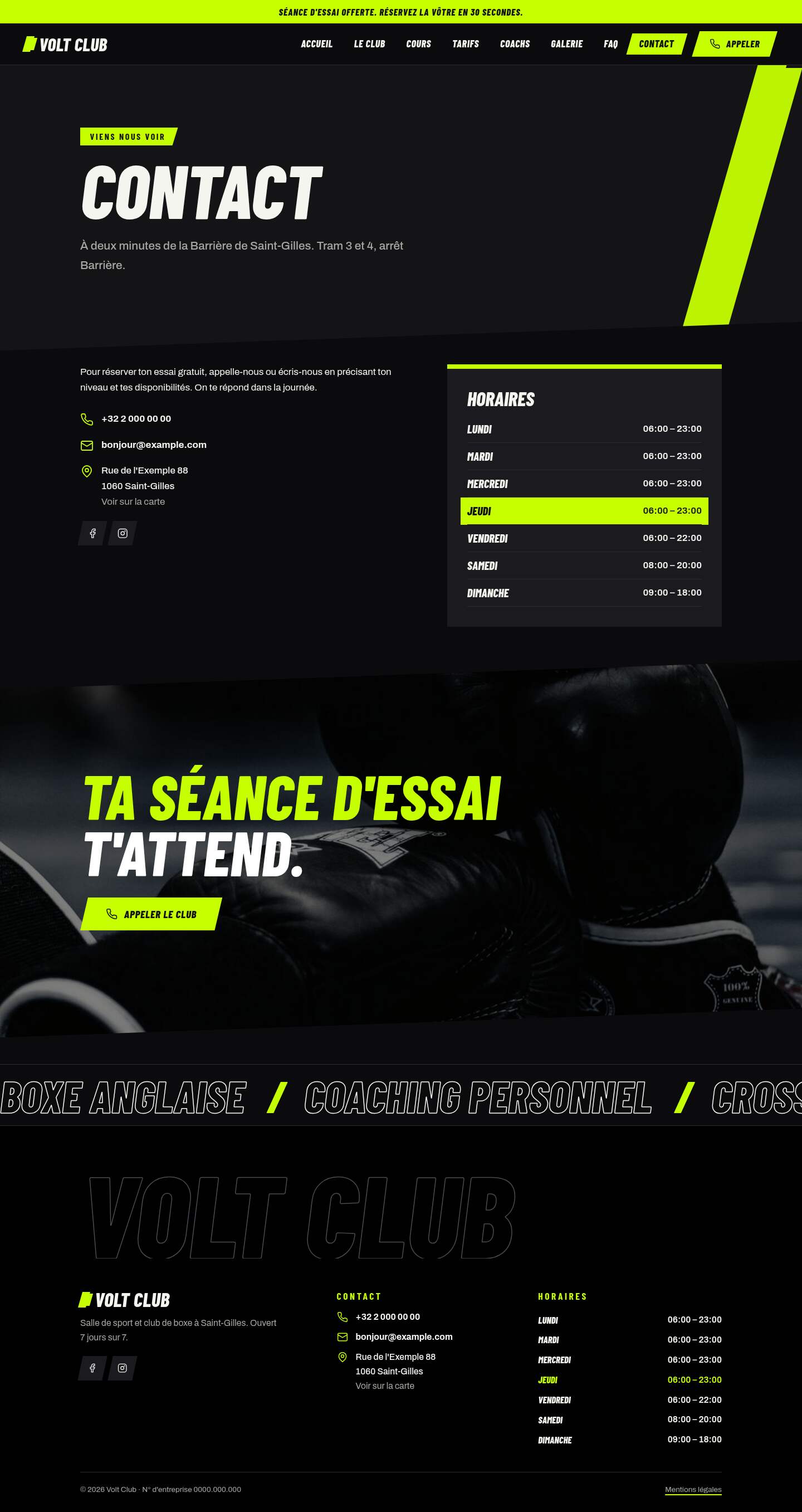 La page « Contact » du modèle Volt sur un ordinateur