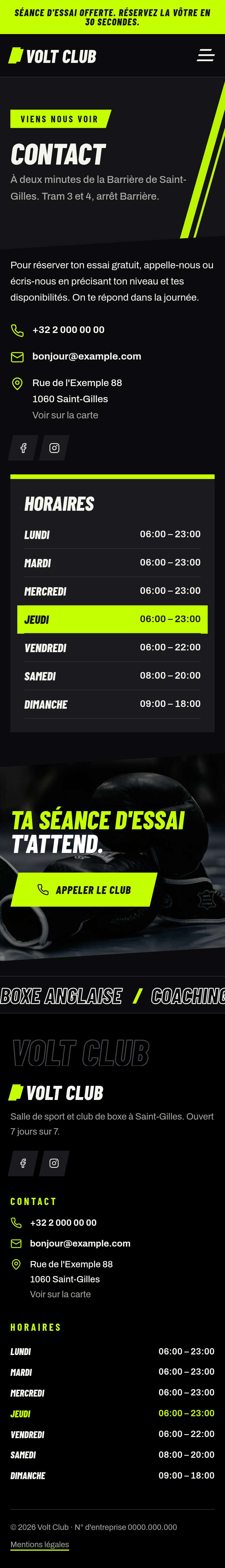 La page « Contact » du modèle Volt sur un téléphone, partie 1 sur 2