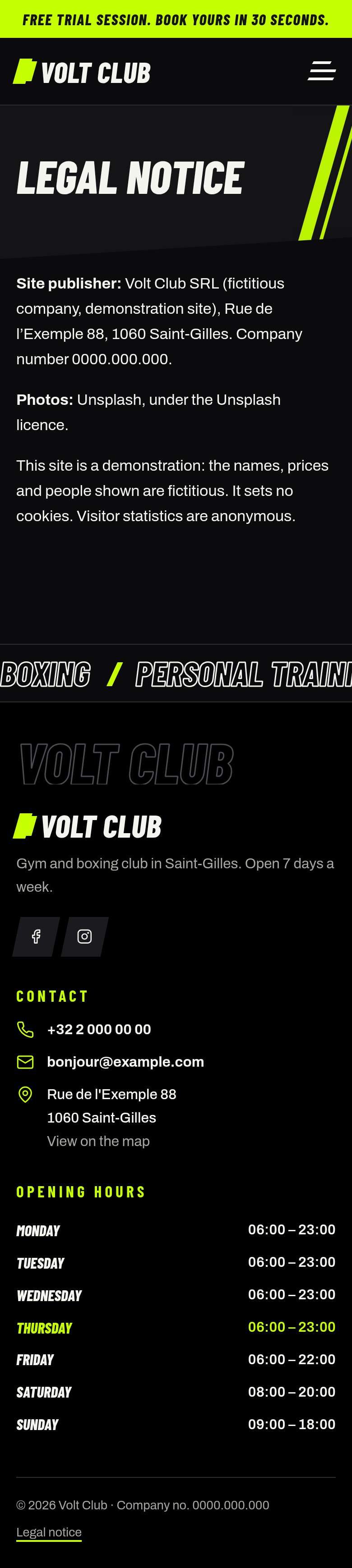 The “Legal notice” page of the Volt design on a phone, part 1 of 1