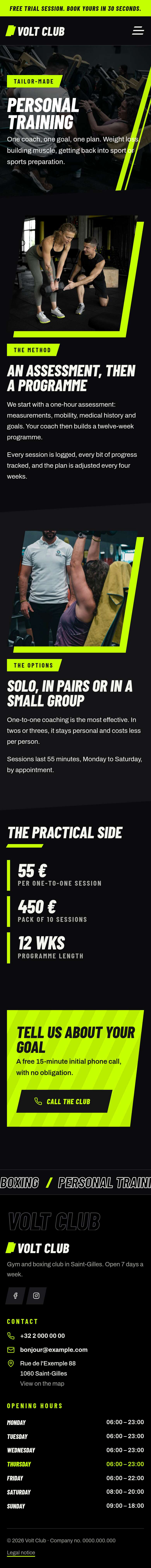 The “Personal training” page of the Volt design on a phone, part 1 of 2