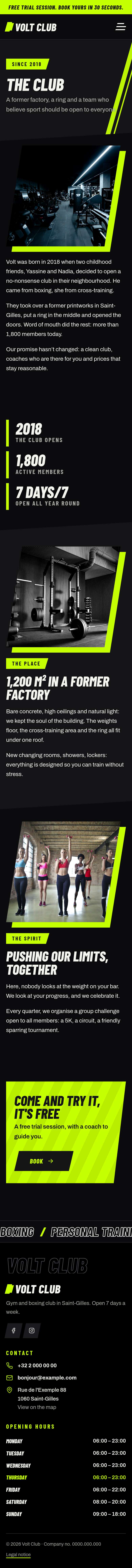 The “The club” page of the Volt design on a phone, part 1 of 2