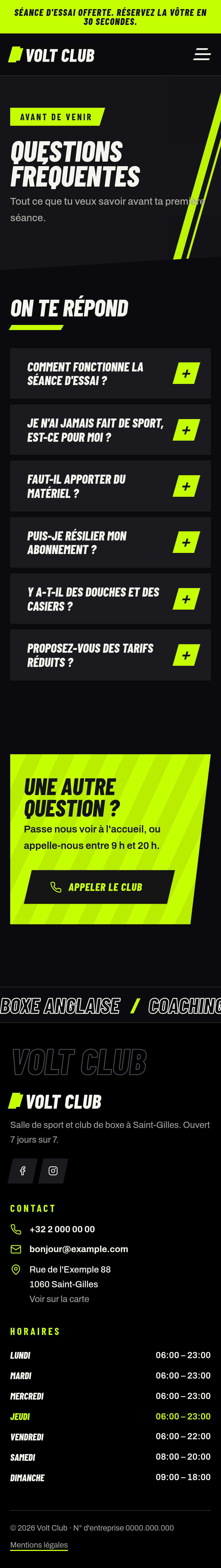 La page « FAQ » du modèle Volt sur un téléphone, partie 1 sur 2