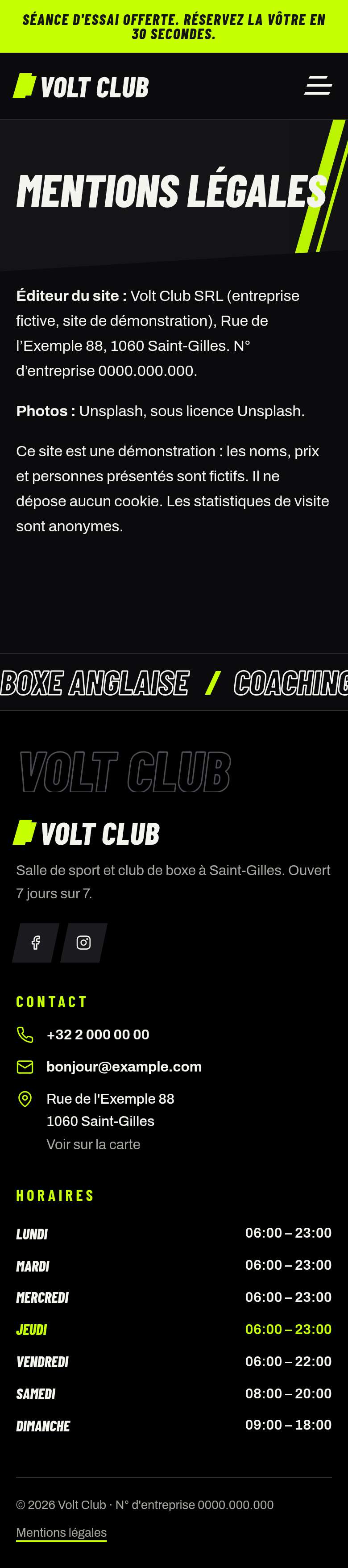 La page « Mentions légales » du modèle Volt sur un téléphone, partie 1 sur 1