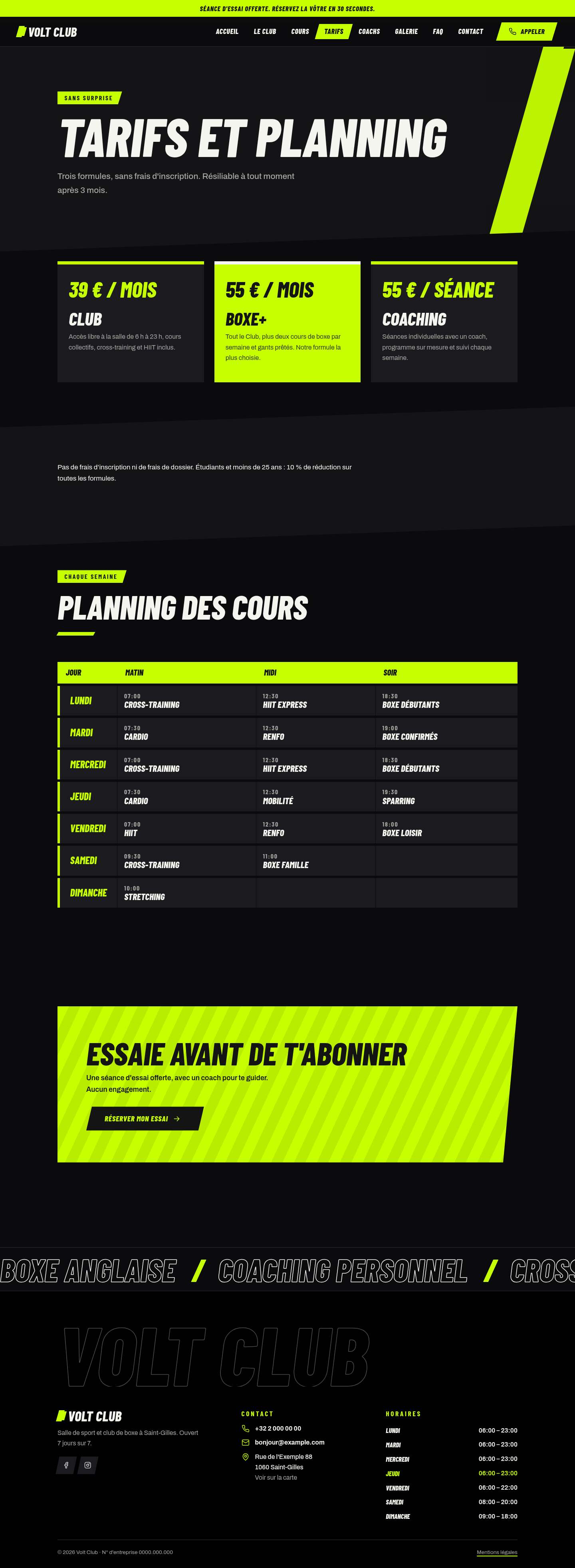 La page « Tarifs » du modèle Volt sur un ordinateur